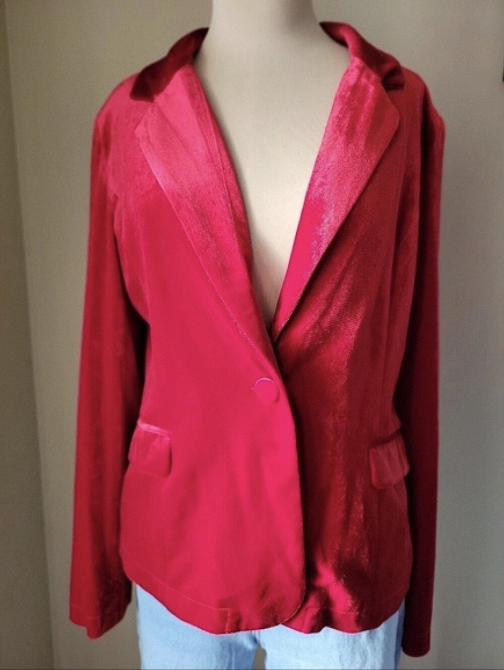 Red Velvet Button Front Boyfriend Blazer Jacket Witchy Romance Large M.N.I.